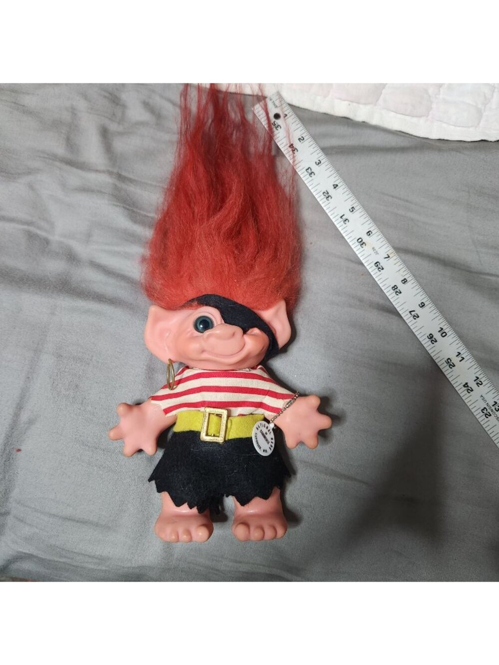 Pirate Troll Doll Bank With Red Hair Striped Shirt Eye Patch & Gold Earring 8 In